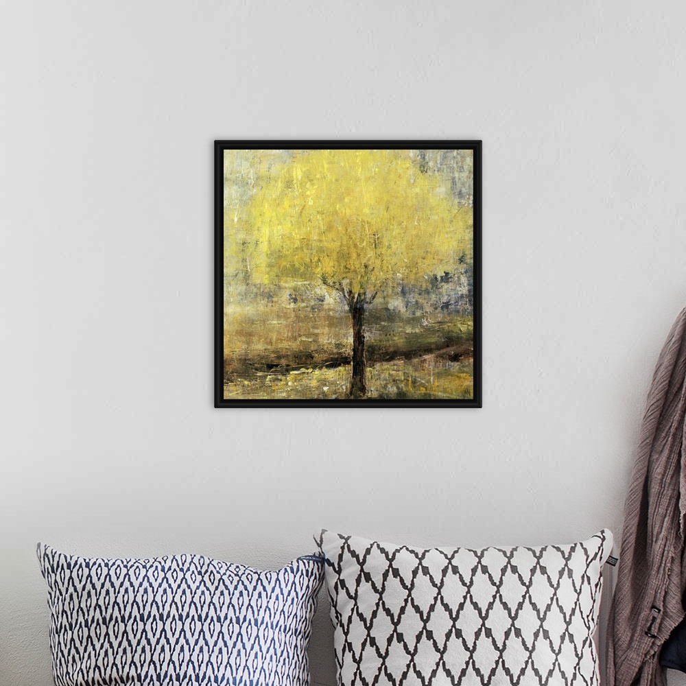 A bohemian room featuring Abstracted landscape painting of a lemon tree.