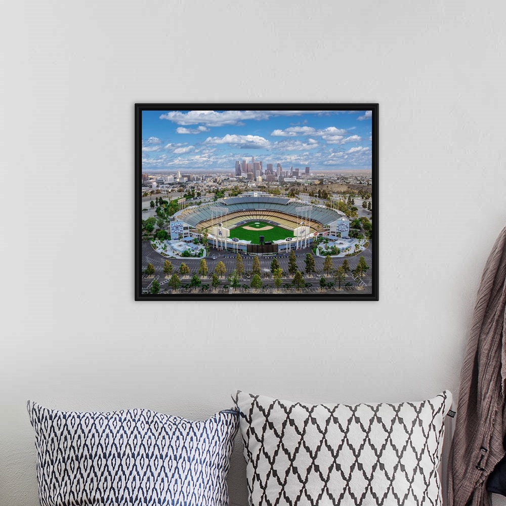 A bohemian room featuring Aerial view of the Dodger Stadium with the Los Angeles skyline in the distance, California.