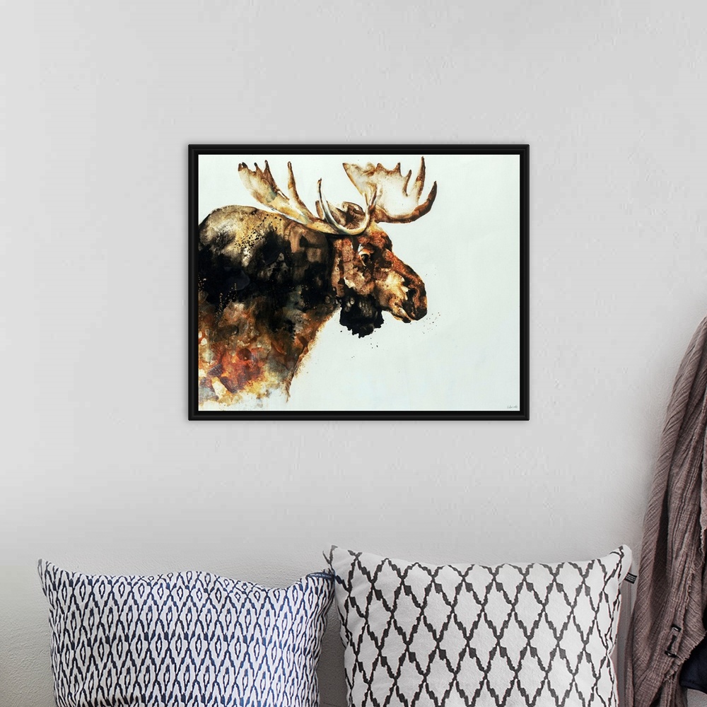 A bohemian room featuring Contemporary watercolor portrait of a moose in varying shades of brown.