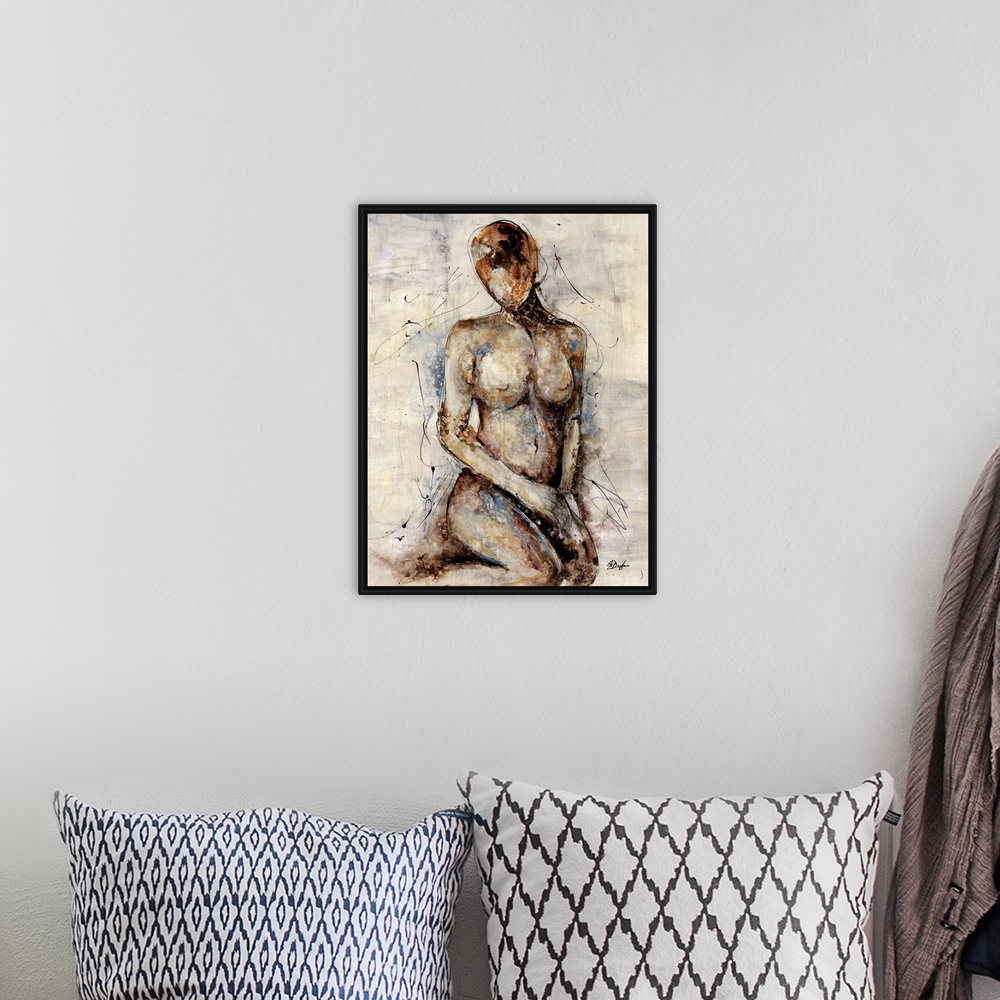 A bohemian room featuring Contemporary abstract figurative painting of a woman's figure sitting on her knees. The image is ...