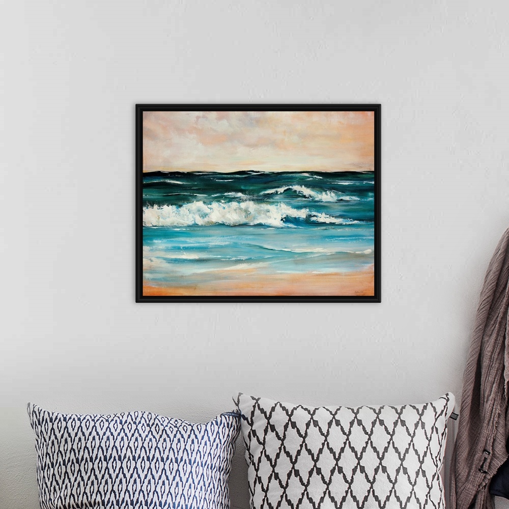 A bohemian room featuring Contemporary painting of crashing waves on a beach on a cloudy day.