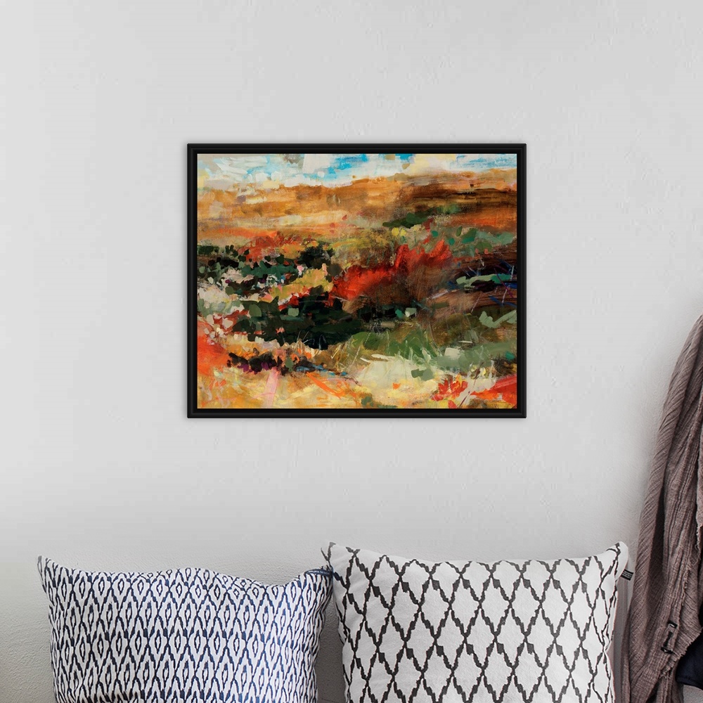 A bohemian room featuring Contemporary abstract painting that portrays flowers in a field with mountains in the distance un...