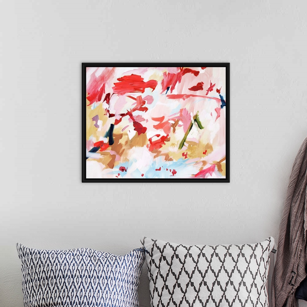 A bohemian room featuring Colorful contemporary abstract painting consisting of short brush strokes in blush pinks, scarlet...