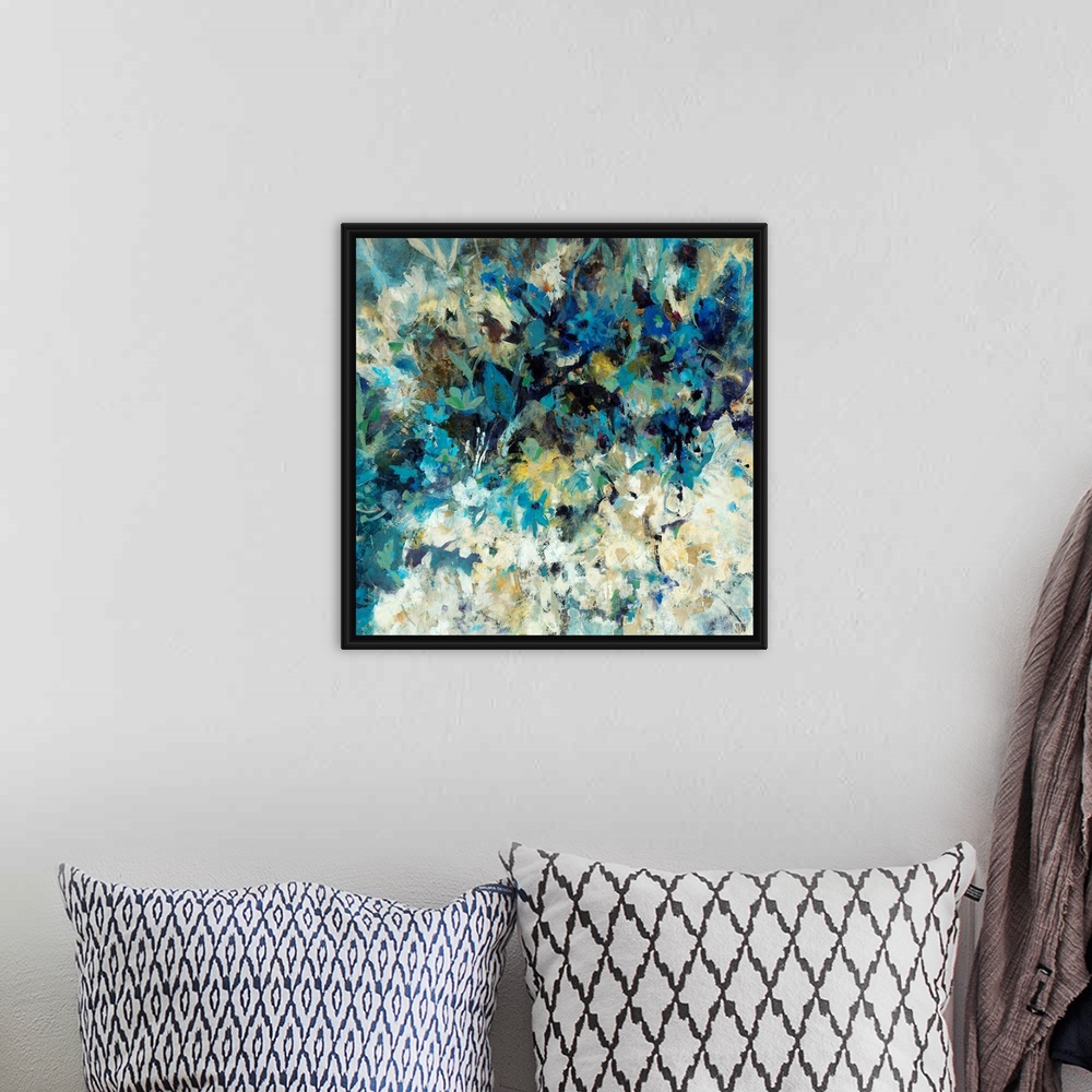 A bohemian room featuring Square, oversized abstract painting of many small flowers in light, cool tones. Painted with shor...