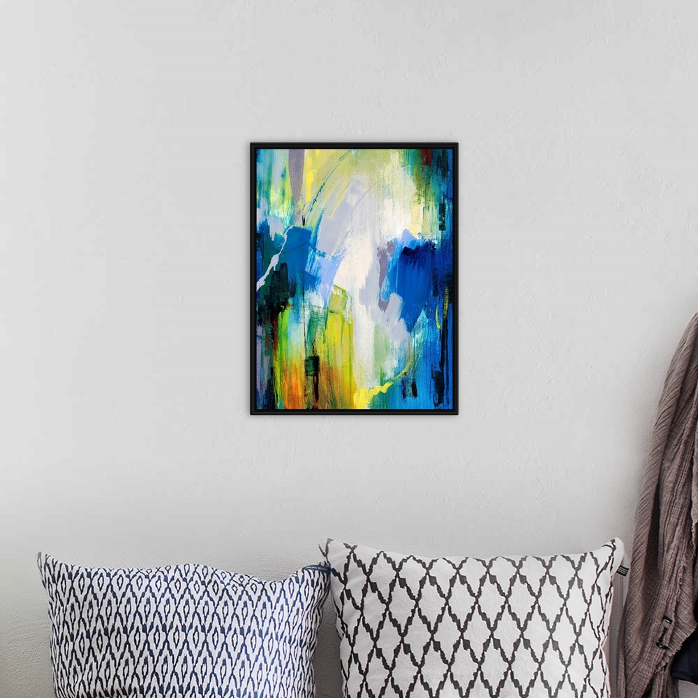A bohemian room featuring Contemporary abstract painting with bright, cool strokes of color great for home or office docor.