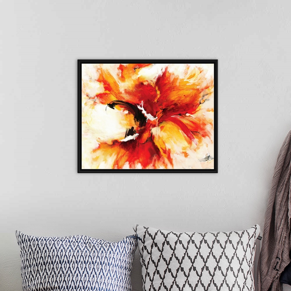 A bohemian room featuring A contemporary abstract painting of a fiery explosion of red and orange with bursts of yellow lik...