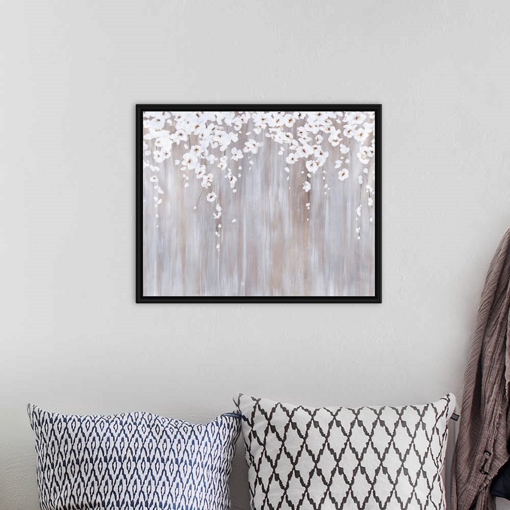 A bohemian room featuring Contemporary abstract painting using light earthy tones with cascading flowers from the top of th...