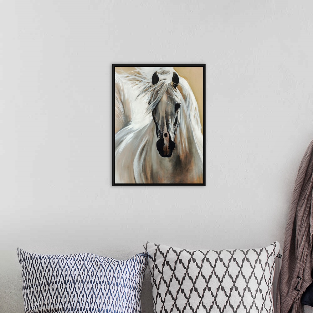 A bohemian room featuring Contemporary painting of a horse galloping with its bright mane and tail flowing behind it.