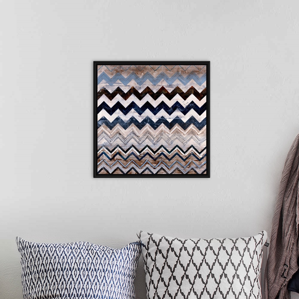 A bohemian room featuring Abstract contemporary painting of a triangular pattern done in neutral earth tones on a square ca...