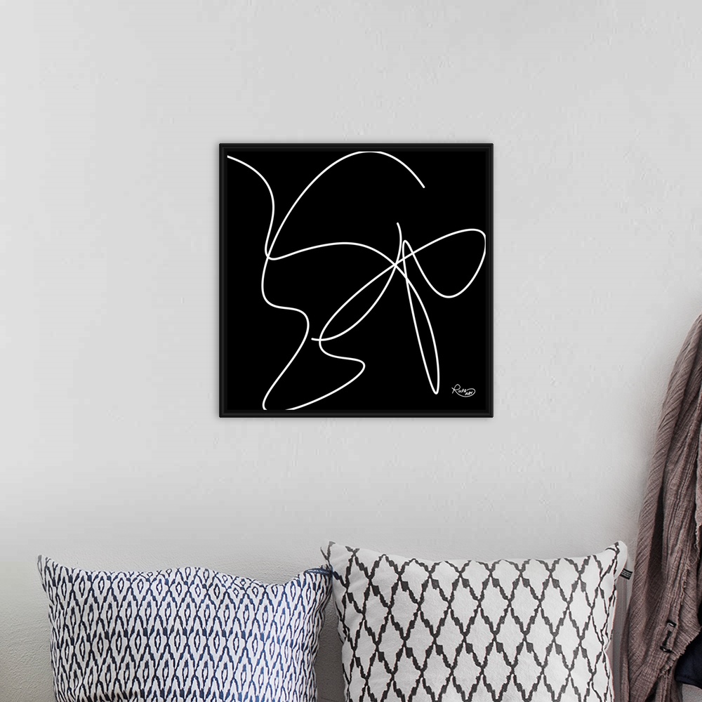 A bohemian room featuring Minimalist contemporary art of a white swirling line on black.