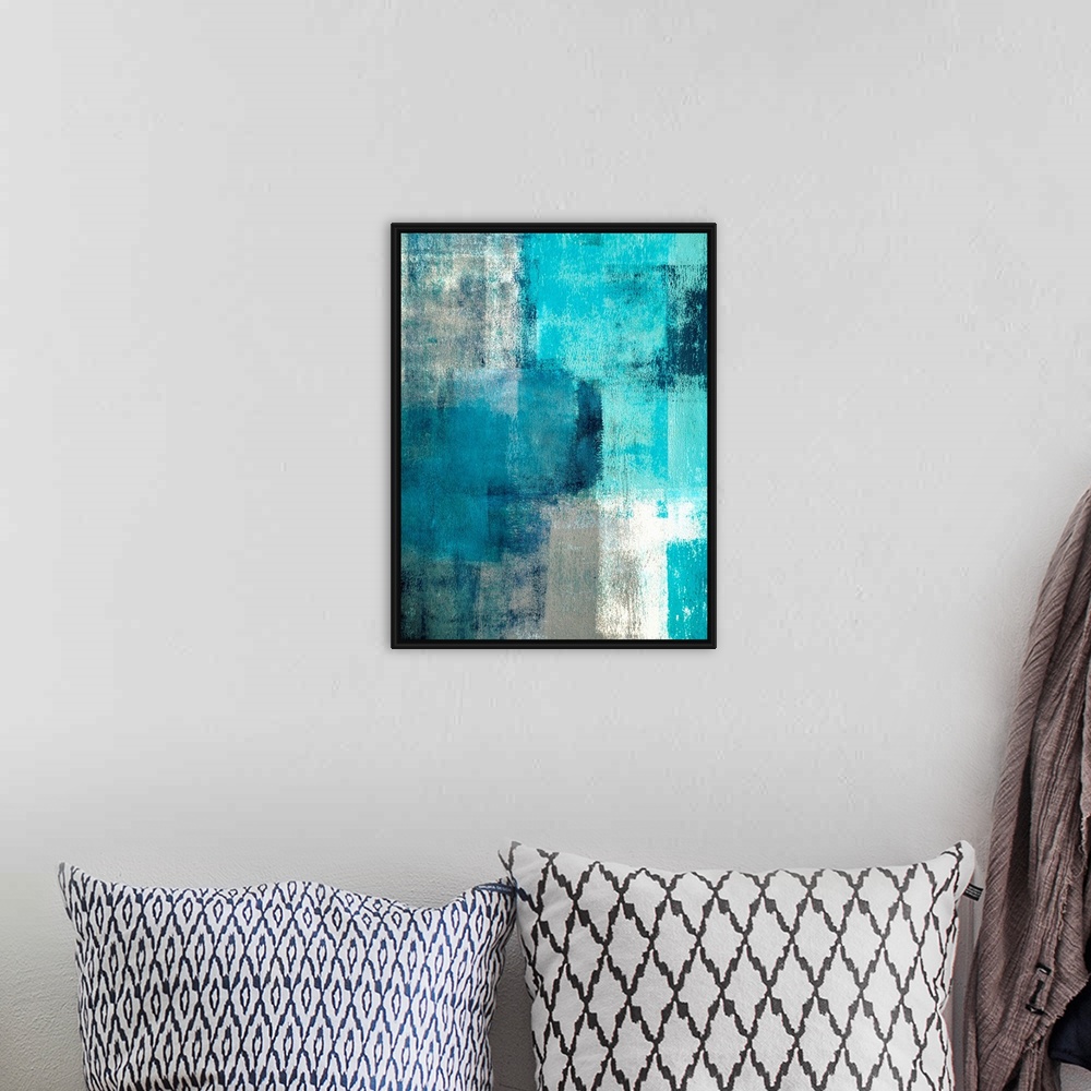 A bohemian room featuring This teal and grey artwork is the perfect choice for any room or project in need of a trendy abst...