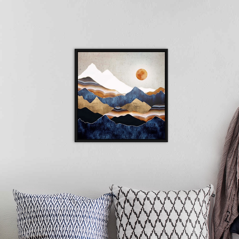 A bohemian room featuring Abstract depiction of a landscape with an amber sun and mountains.