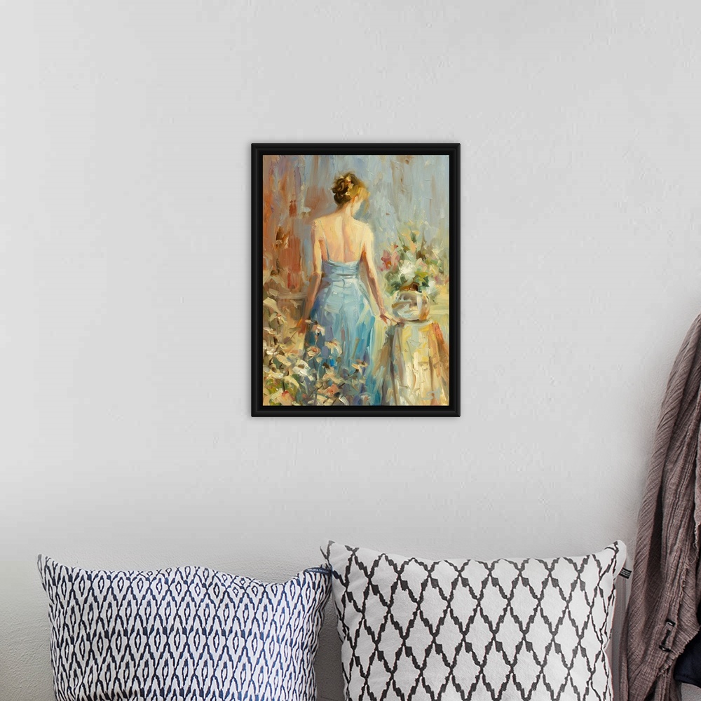 A bohemian room featuring Traditional impressionist painting of an elegant woman in a blue dress in a boudoir or bedroom, s...