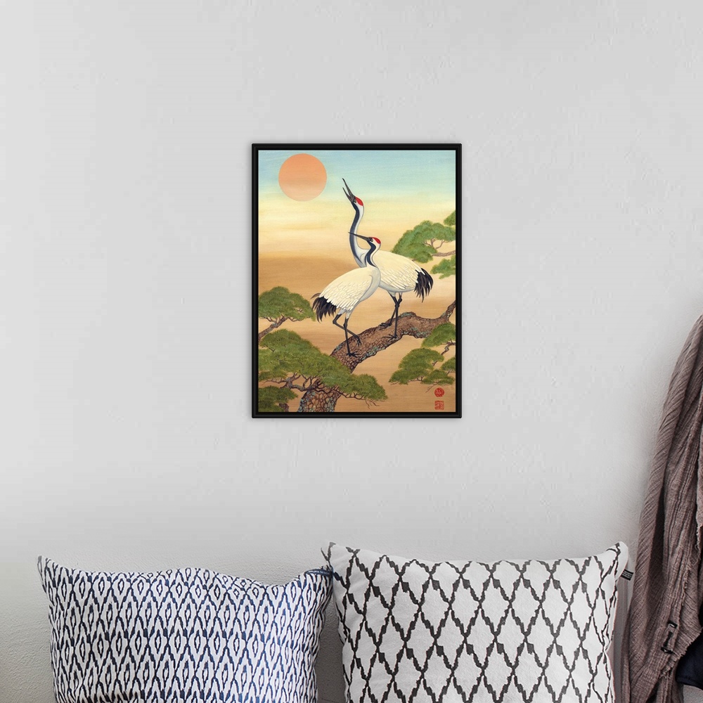 A bohemian room featuring Asian style painting of two cranes perched in a tree, looking at the sun.