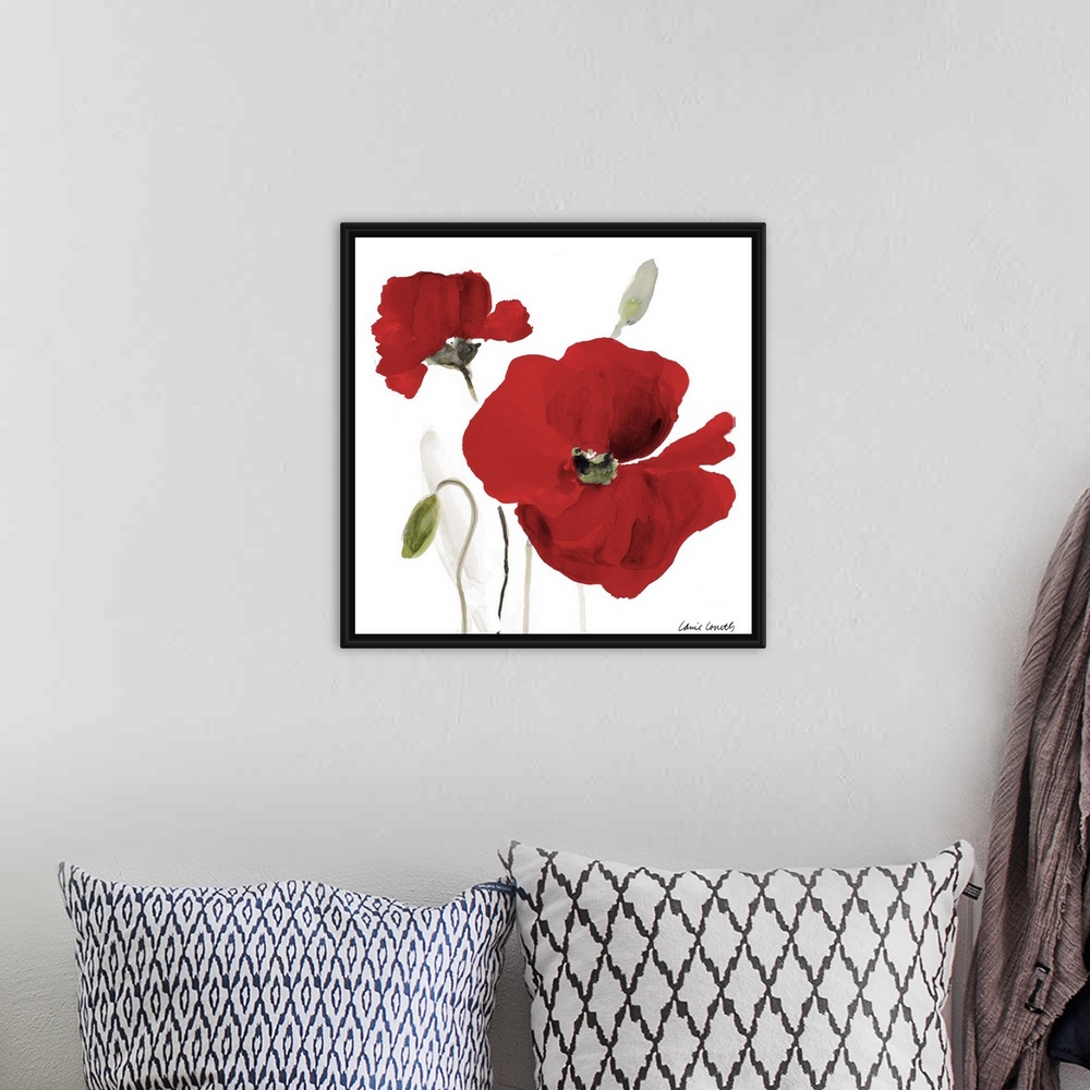 A bohemian room featuring Square watercolor painting of two red poppy flowers.