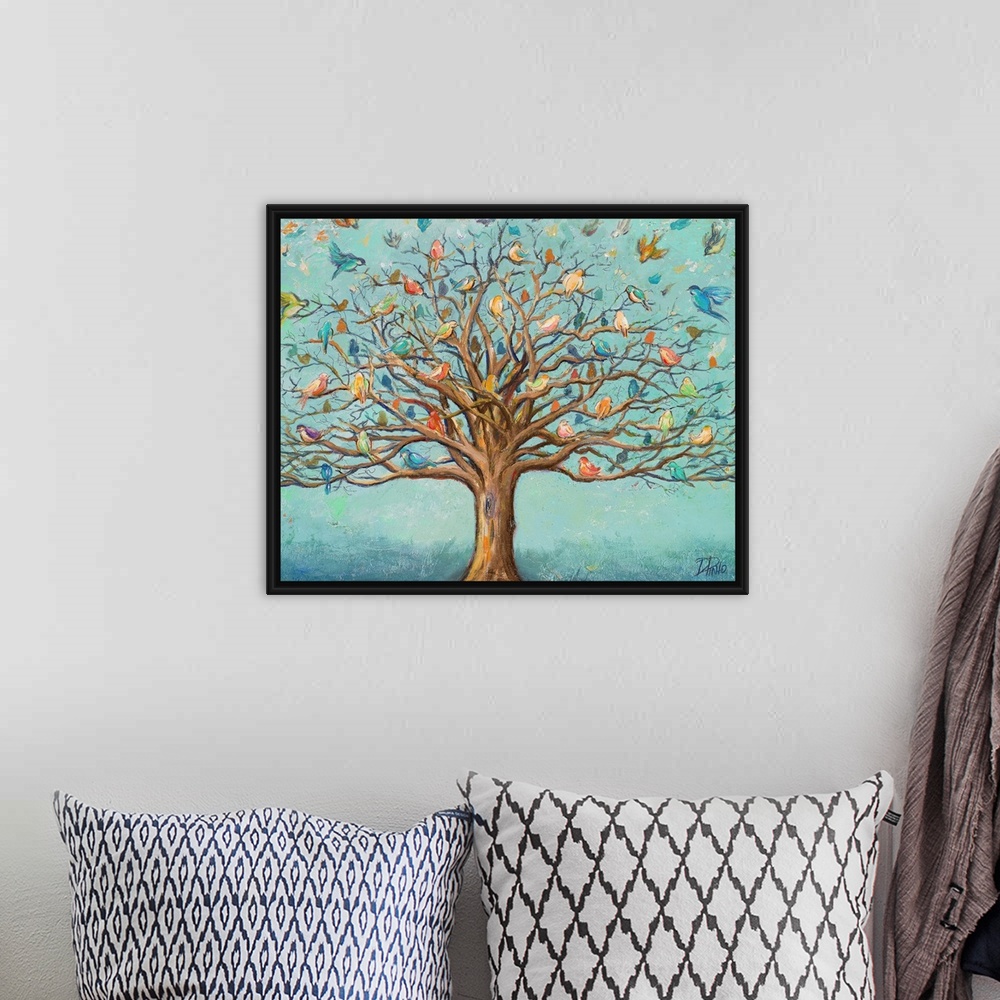 A bohemian room featuring Artwork of a tree with branches full of colorful birds.