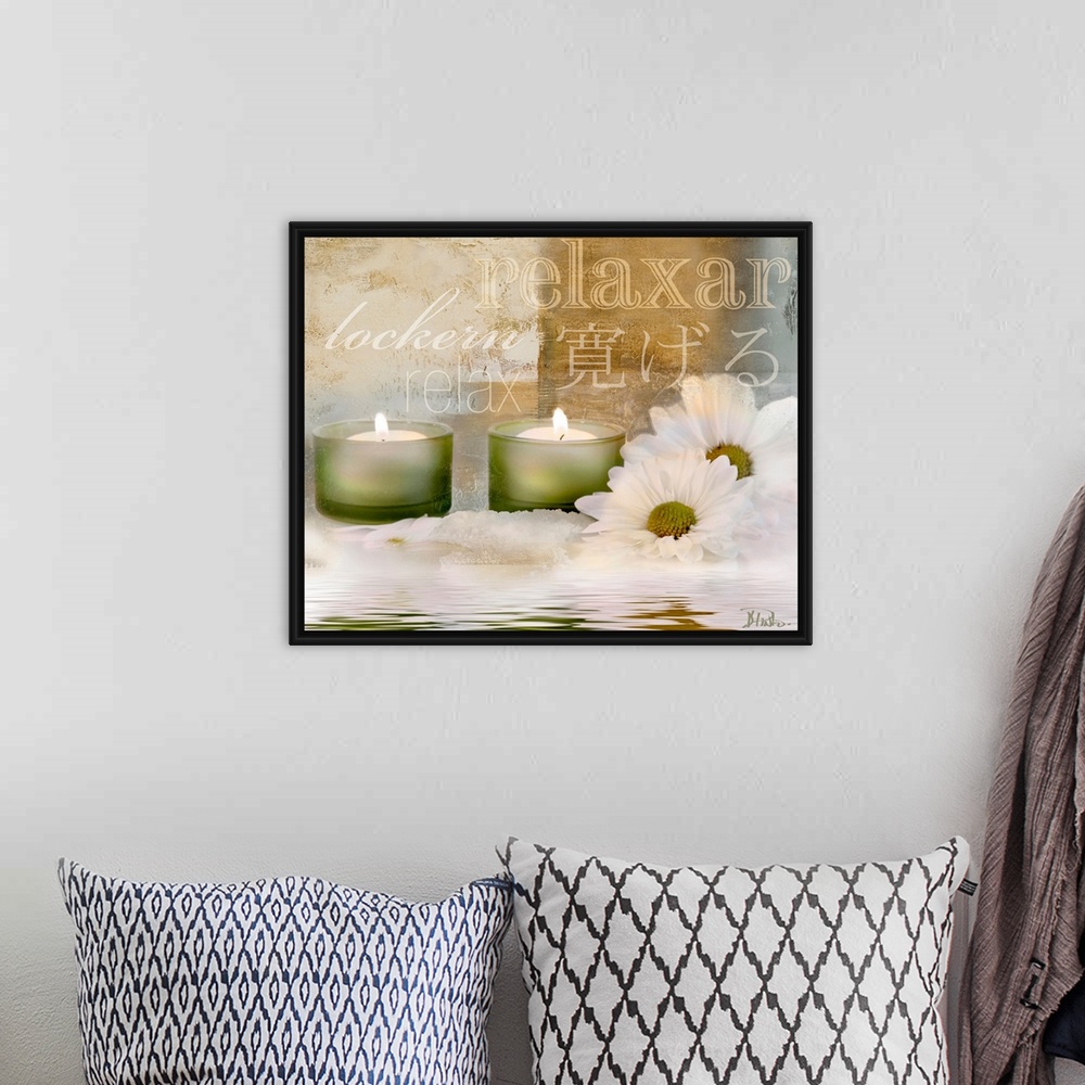 A bohemian room featuring Digital artwork of candles and flowers sitting in water with typographic design in background.