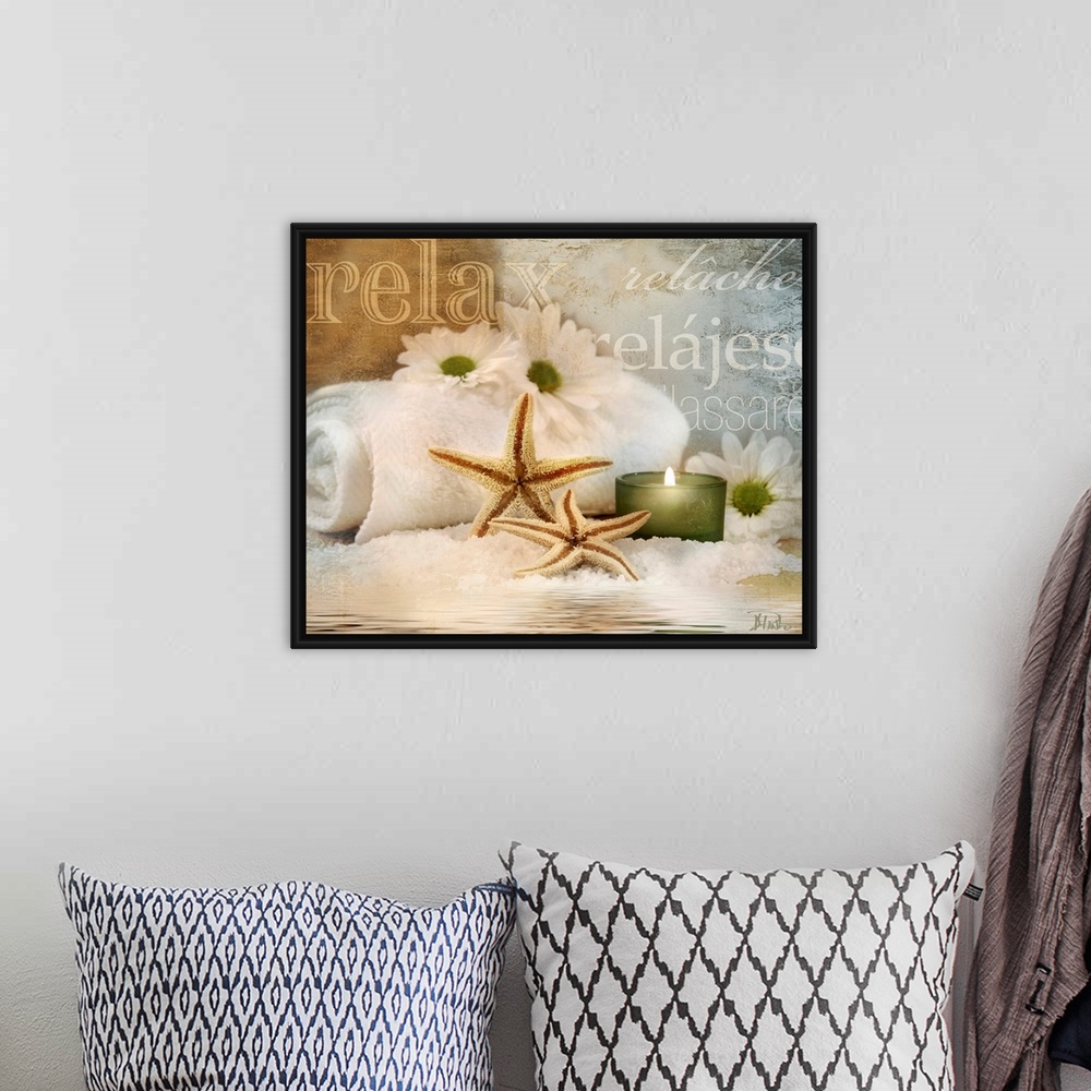 A bohemian room featuring Seaside spa themed home docor wall art of daisies, starfish, a candle, and super imposed typograp...