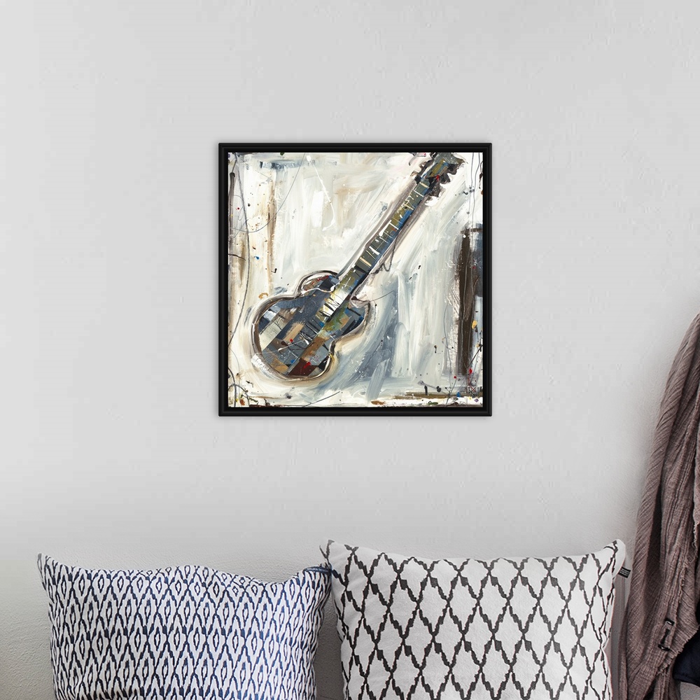 A bohemian room featuring Contemporary abstract painting of musical instrument.  Brush strokes are visible along with paint...