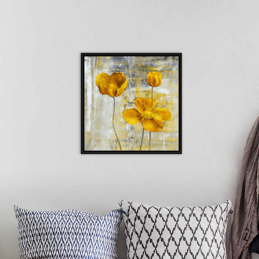 A bohemian room featuring Square, large wall art docor of three yellow flowers with stems on a sponge like textured, grey a...