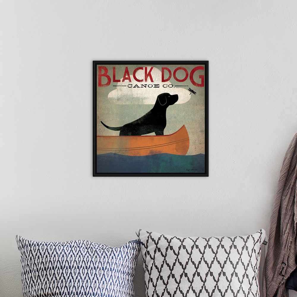A bohemian room featuring Contemporary artwork of a stylized black dog sitting in a canoe looking at a dragon fly with an o...