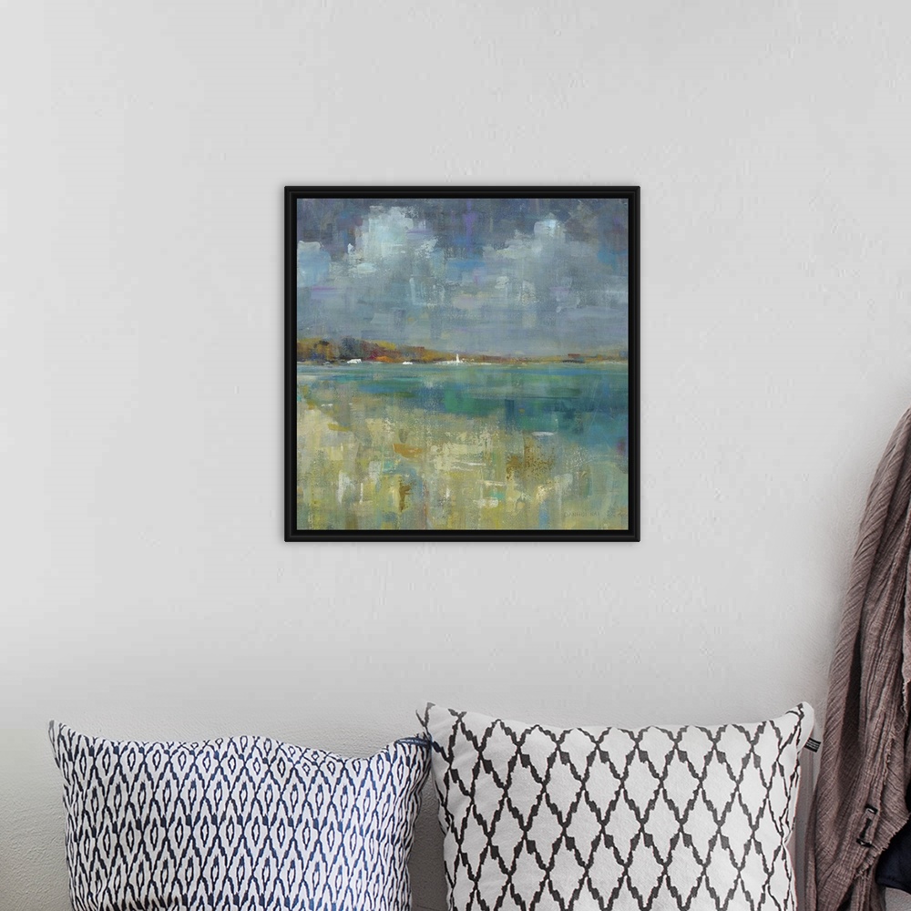 A bohemian room featuring Square abstract painting of the ocean and seashore made with short and small brushstrokes of color.