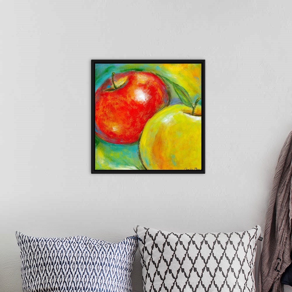 A bohemian room featuring Giant contemporary art includes a close-up of two apples placed in front of a background incorpor...