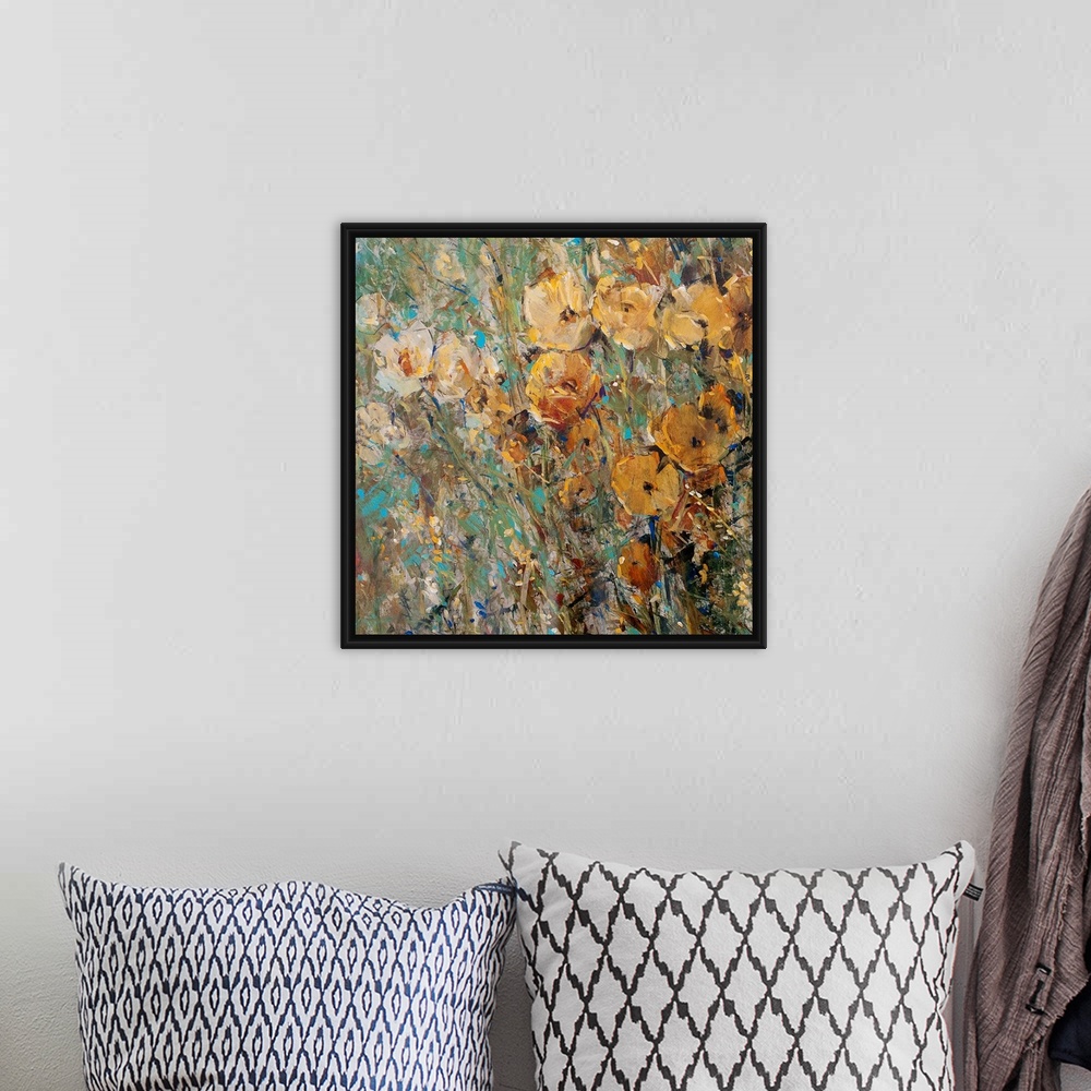 A bohemian room featuring Contemporary painting of abstract flowers with background consisting of colorful paint splats.