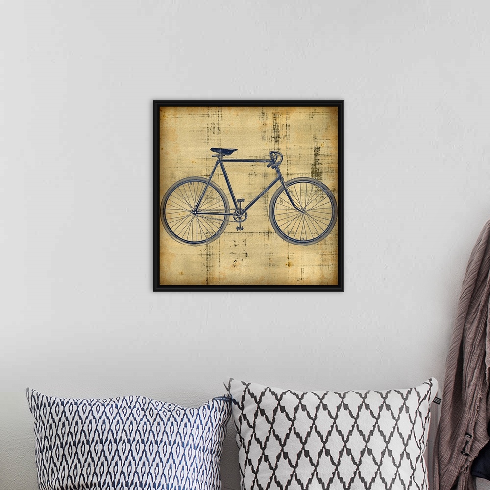 A bohemian room featuring Square canvas painting of a bicycle on top of a grungy textured backdrop.