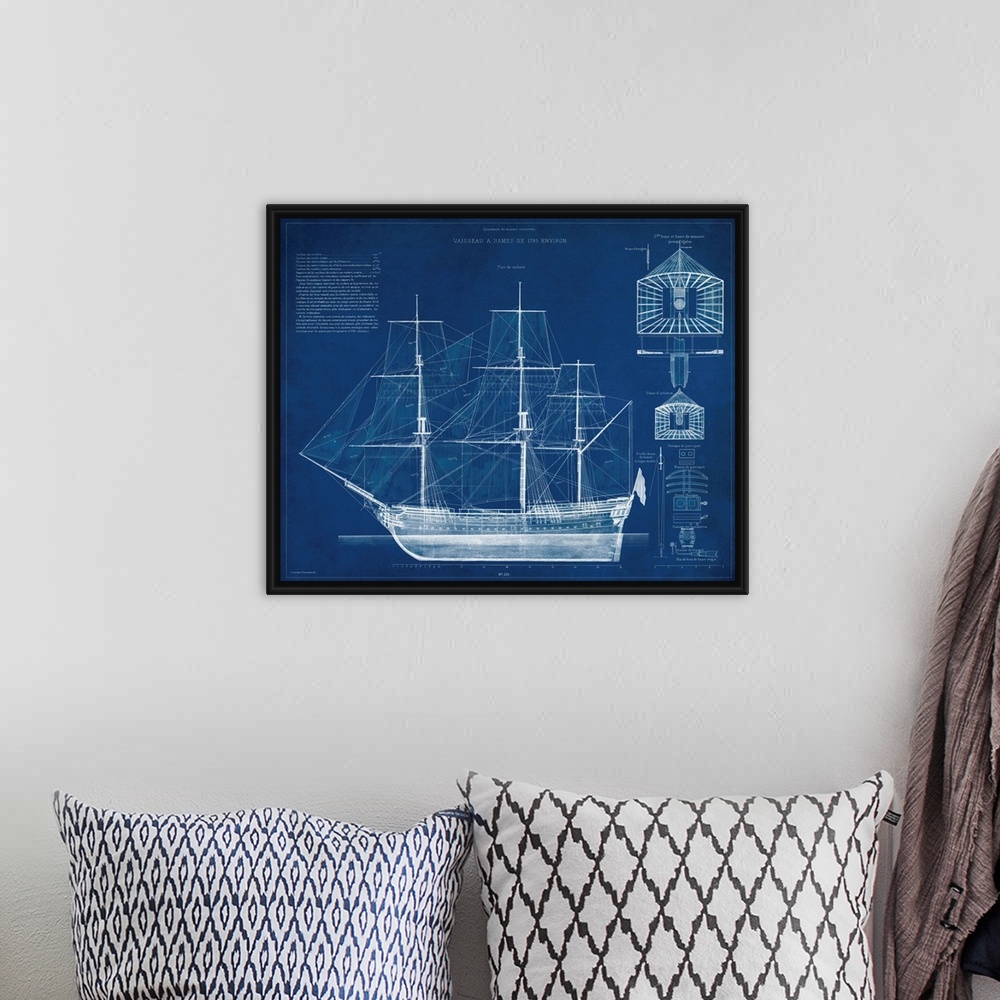 A bohemian room featuring Antique Ship Blueprint IV