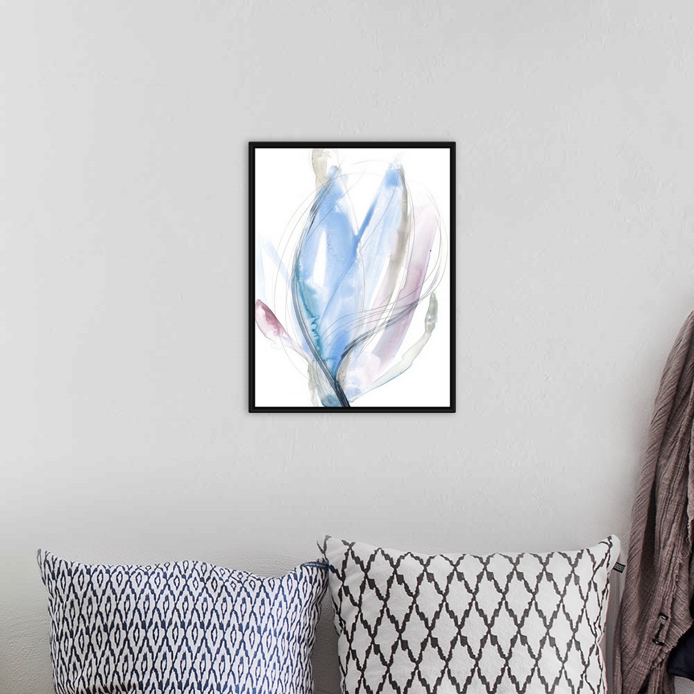 A bohemian room featuring Contemporary abstract painting of a floral shaped form in azure blue.
