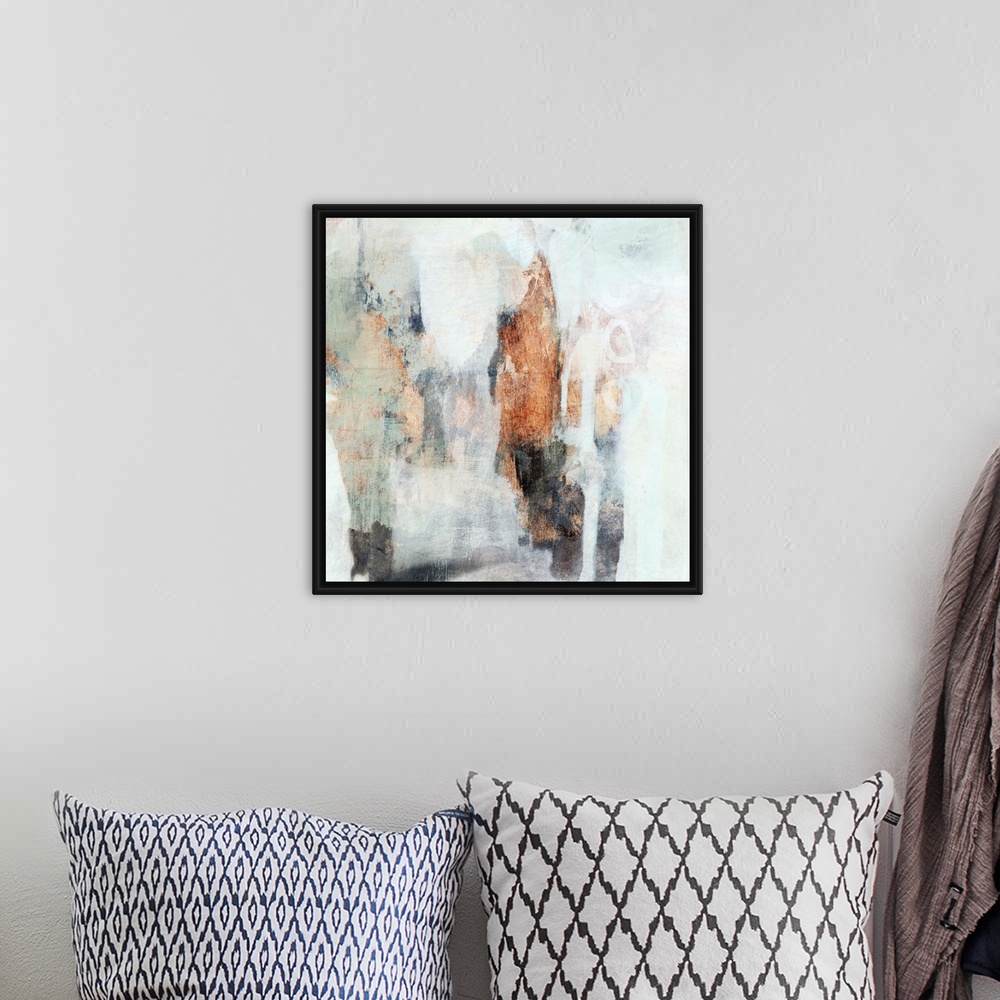 A bohemian room featuring Contemporary abstract painting with white, mint, and copper brushstrokes.