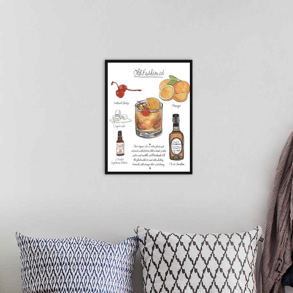 A bohemian room featuring Contemporary artwork of a cocktail recipe showing illustrated ingredients against a white backgro...