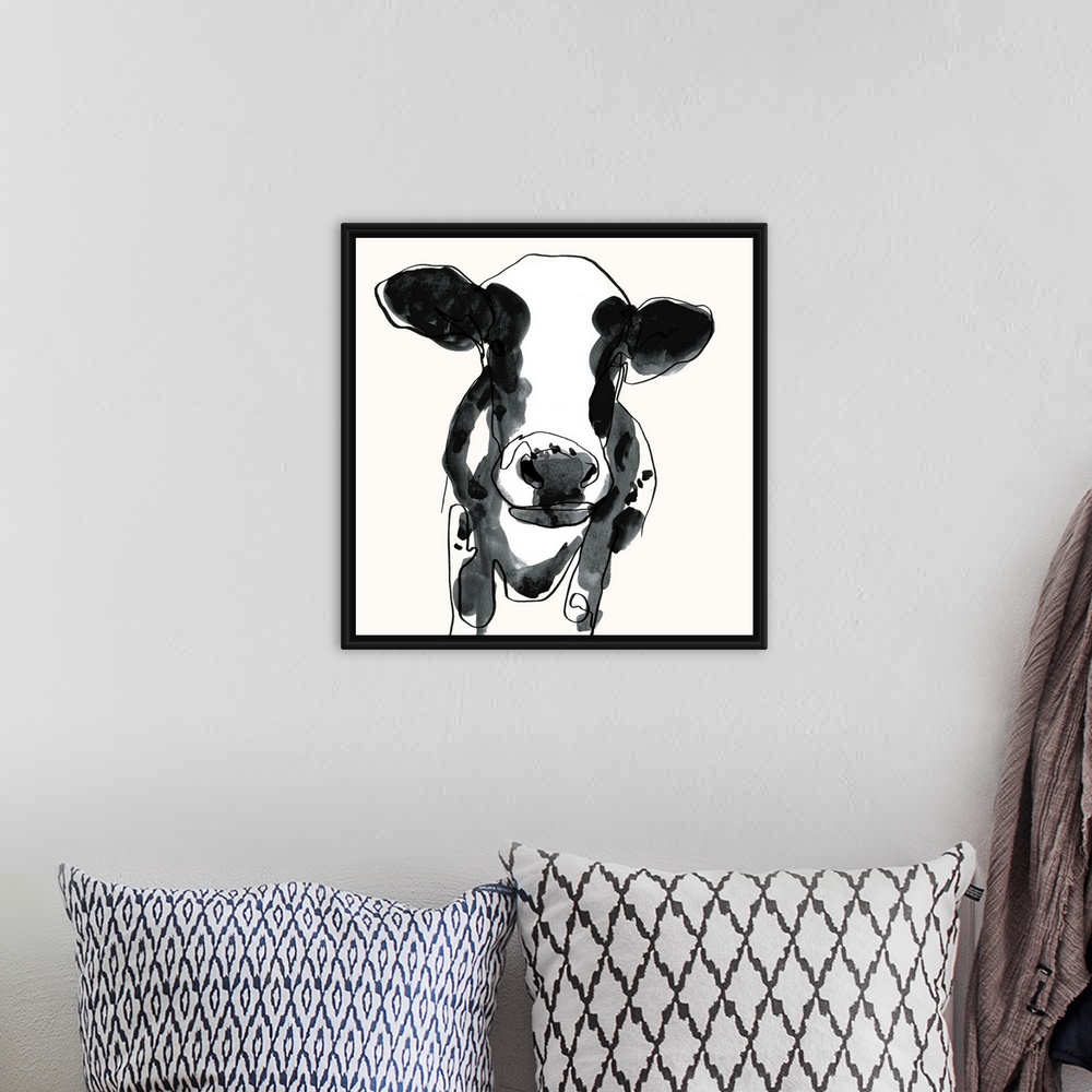A bohemian room featuring Contemporary watercolor portrait of a cow in black and white.