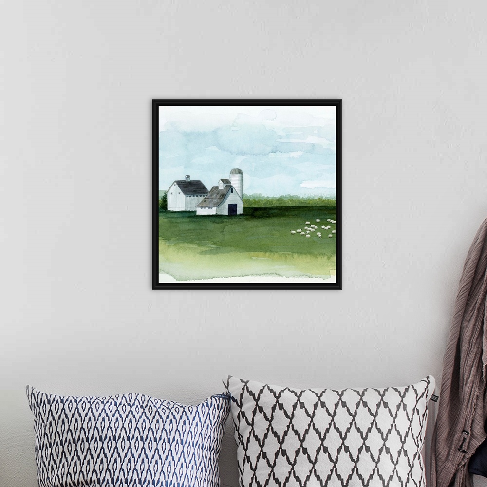 A bohemian room featuring Watercolor painting of barn on a farm with a herd of sheep grazing at pasture.