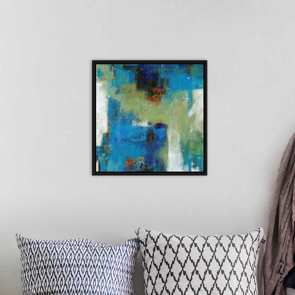 A bohemian room featuring Contemporary abstract painting using vibrant blue and green tones.