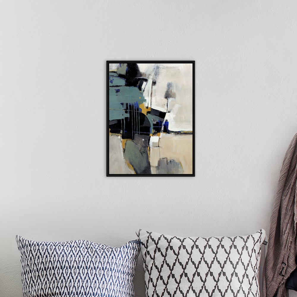 A bohemian room featuring This vertical contemporary painting is an abstraction of dark shapes contrasting with a light bac...