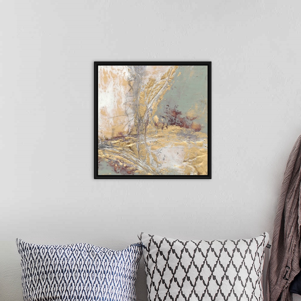 A bohemian room featuring Contemporary abstract painting with gold and grey.