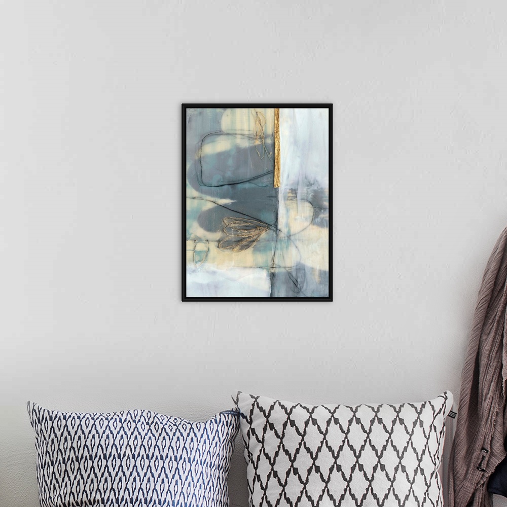 A bohemian room featuring Whimsical contemporary abstract collage in grey-blue and gold.