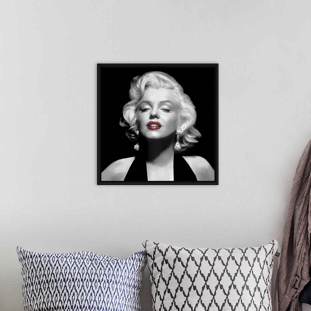 A bohemian room featuring Black and white image of Marilyn Monroe with red lipstick.