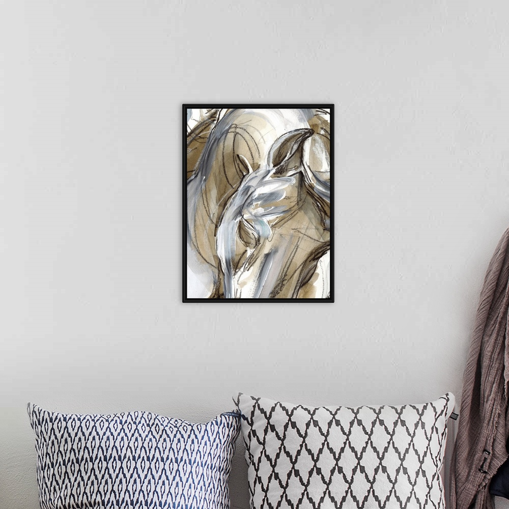 A bohemian room featuring Abstract figurative painting of the close up view of a horse done in brown and white paint with s...