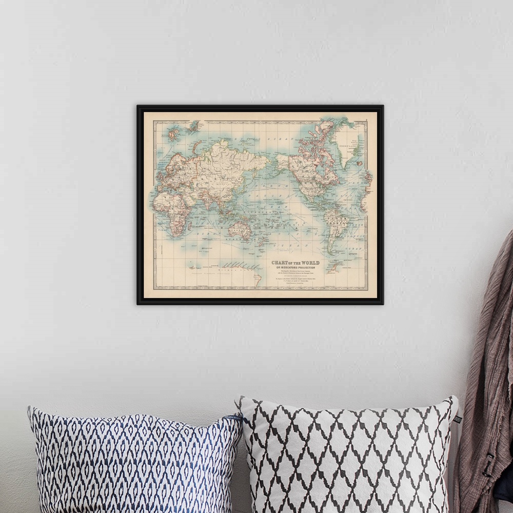A bohemian room featuring Vintage map of the world on Mercators Projection.