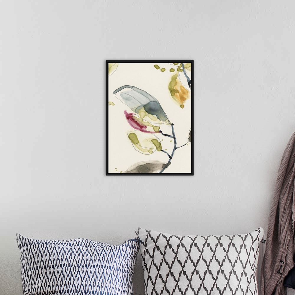 A bohemian room featuring Watercolor abstract branches and leaves. Part of a triptych.