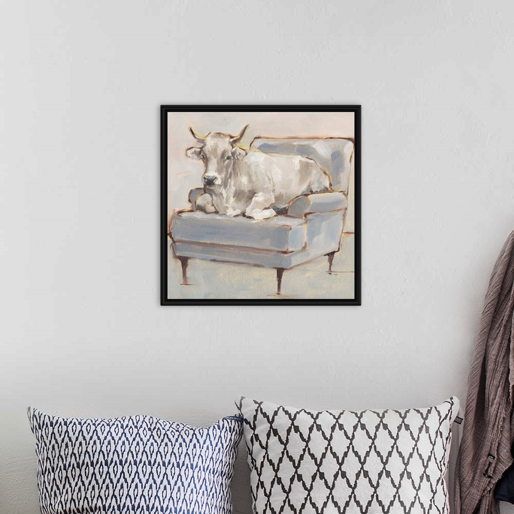 A bohemian room featuring A whimsical composition of a large white cow lying comfortably on a luxe light blue chair. With i...