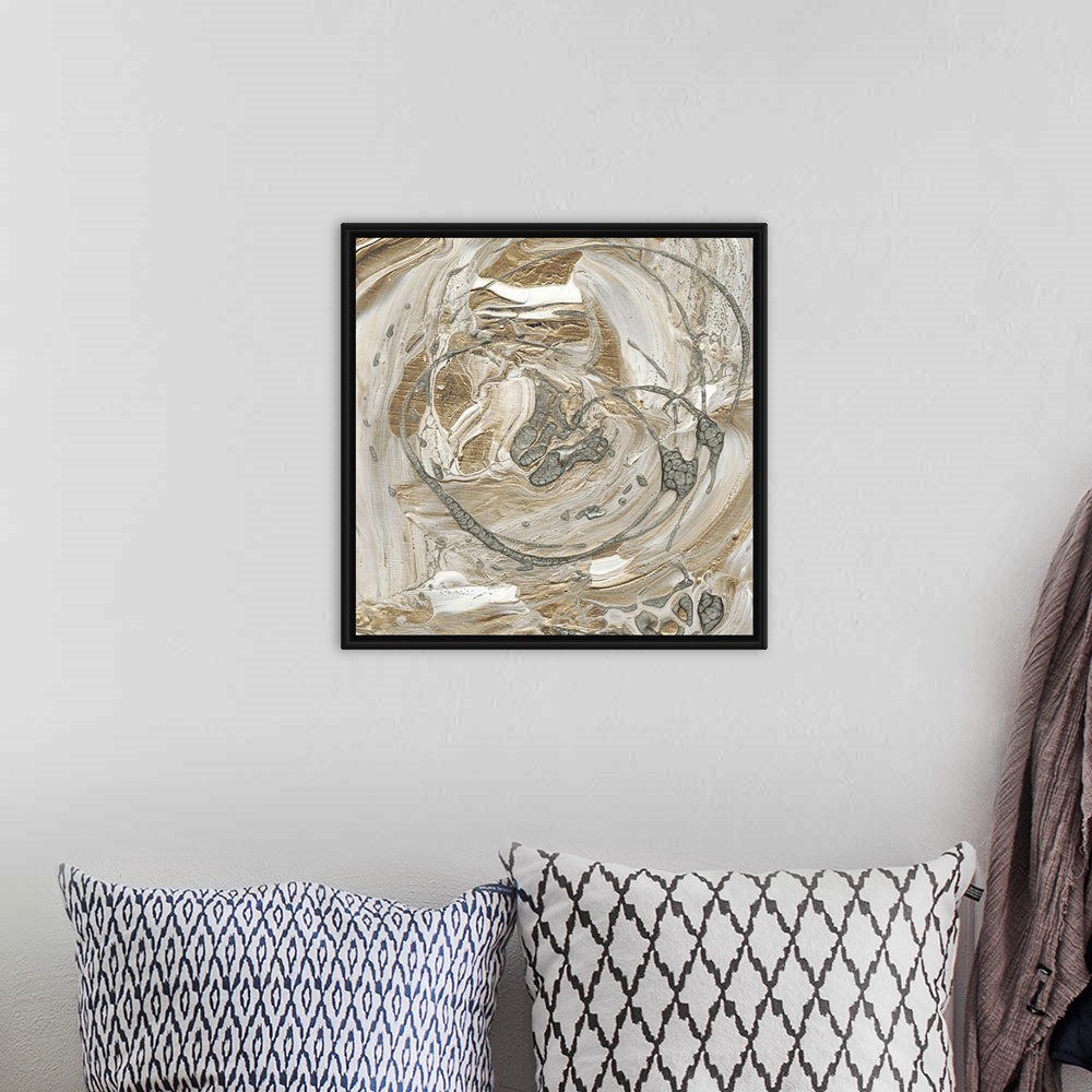 A bohemian room featuring Abstract painting of swirls of white, gray and gold with drips of overlapping silver.