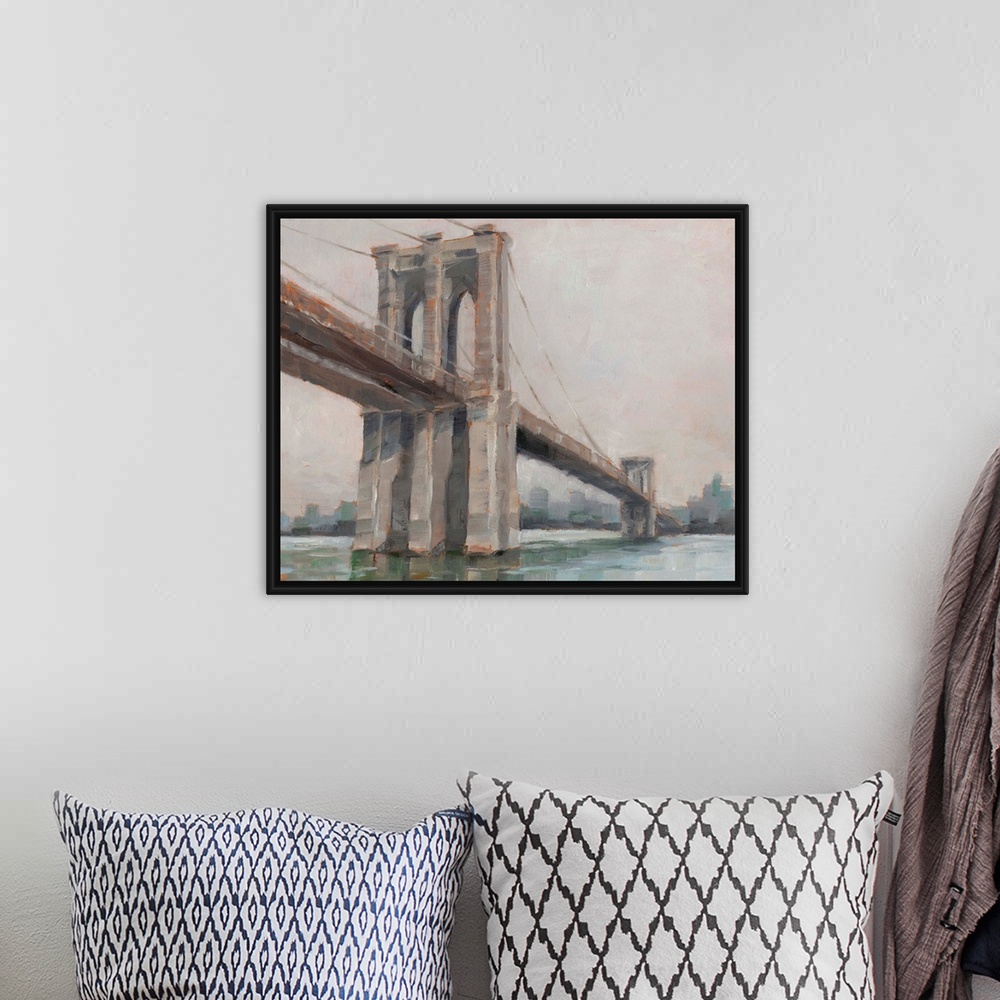A bohemian room featuring A picturesque painting of Brooklyn Bridge in New York, in subdue colors with the city in the back...