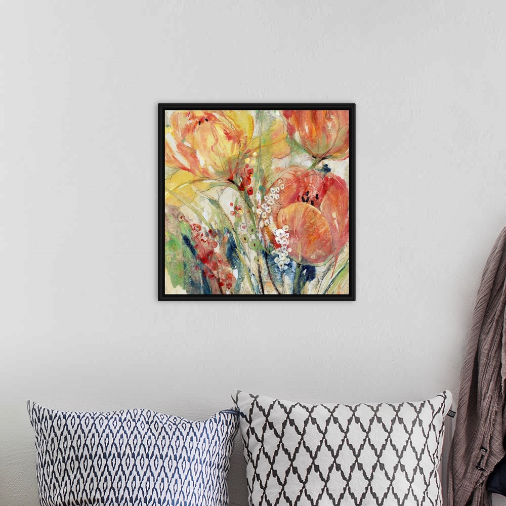 A bohemian room featuring Contemporary abstract painting of orange and yellow tulips blooming in spring.