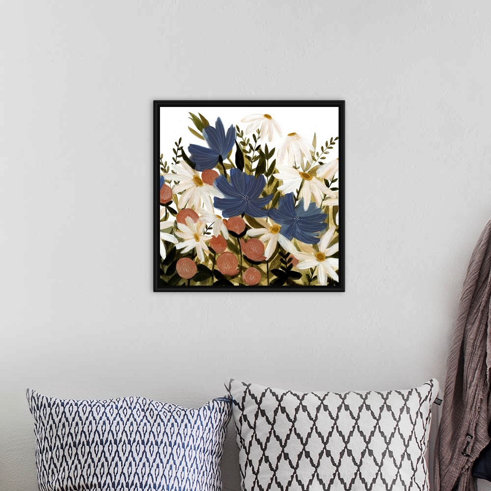 A bohemian room featuring A beautiful painting of a group of wild flowers in a garden.