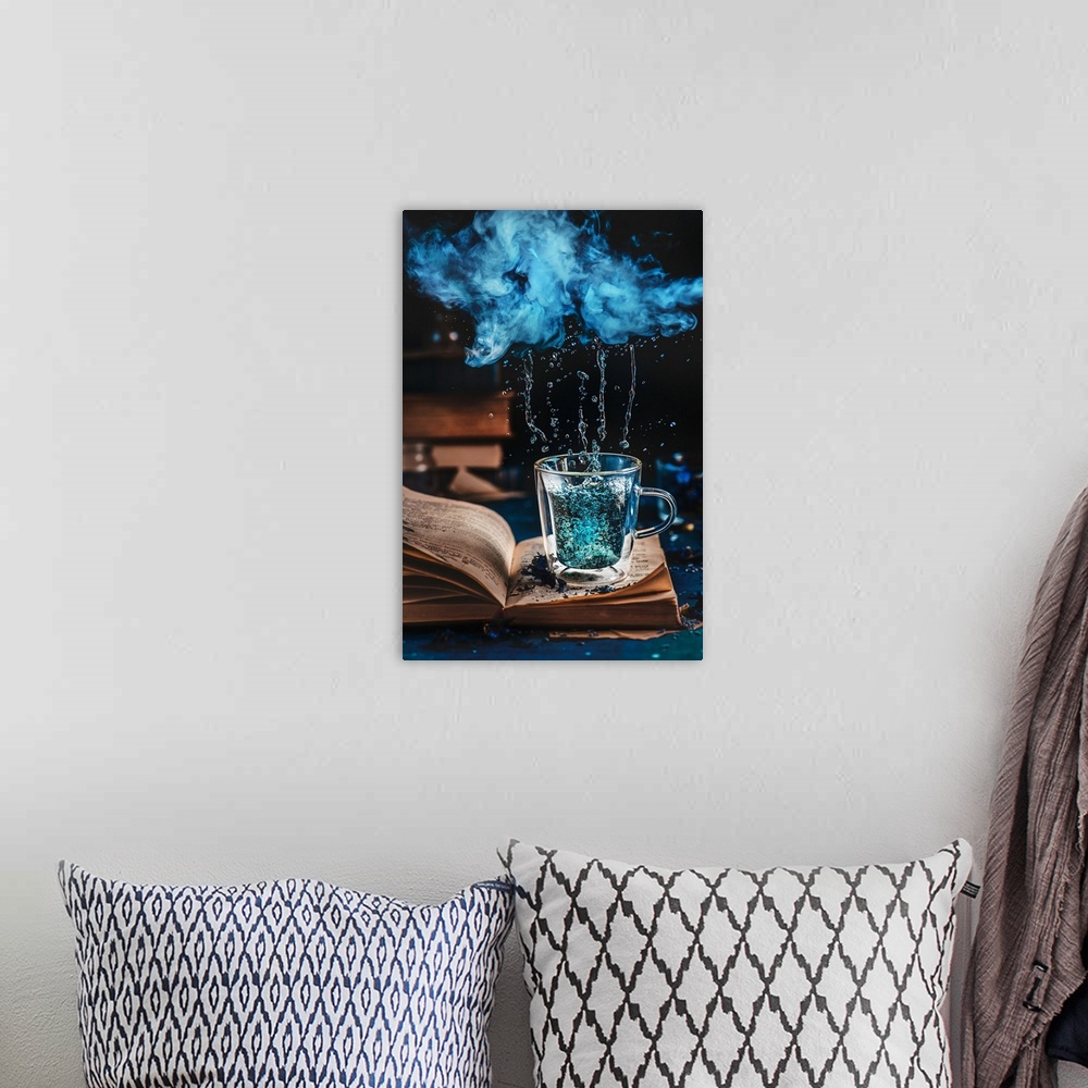 A bohemian room featuring Double wall glass cup of blue tea on an open book under a raining cloud of vapor.