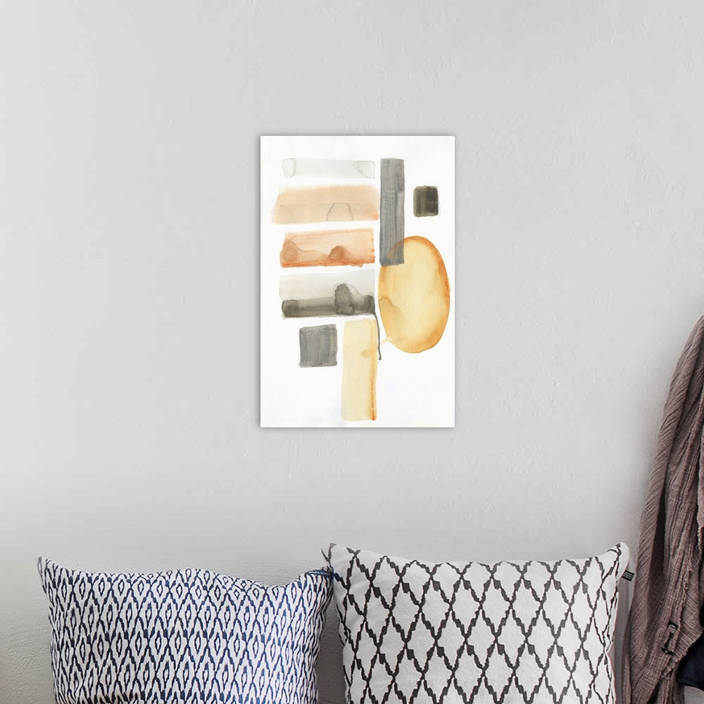 A bohemian room featuring Watercolor abstract artwork in orange and grey rectangular and circular shapes.